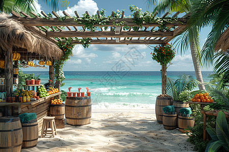 热带沙滩上的果汁小亭图片
