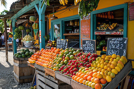 热闹的热带市场水果摊图片