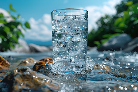 溪流上的一杯带有冰块的水杯图片