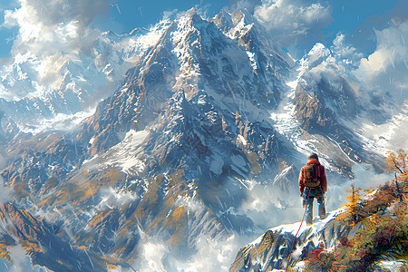 攀岩者在崎岖山脉上图片