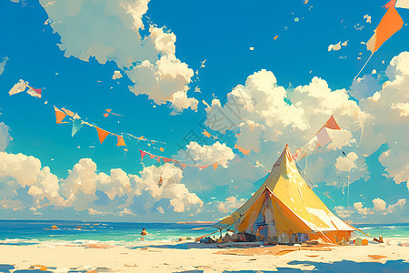 海滩上扎着的美丽帐篷图片