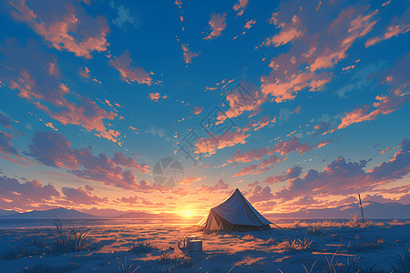 夕阳下的帐篷图片