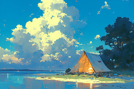 海边的帐篷绘画图片