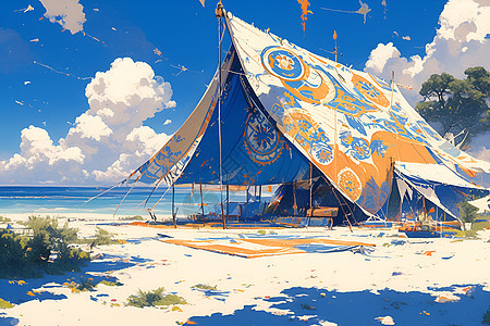海滩上的帐篷插画图片