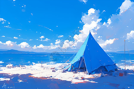 蔚蓝天空下的帐篷图片