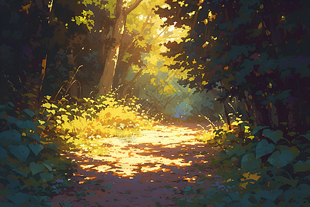 阳光透过茂密的树叶洒在地面上图片