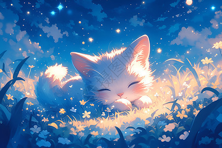 星空下的可爱猫咪图片