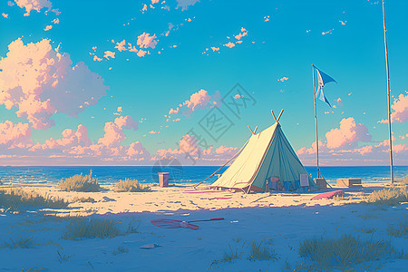 海滩上夕阳和帐篷图片
