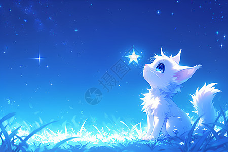 星空下的萌萌白猫图片