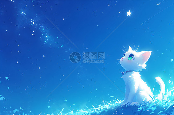 星空下一只可爱的白猫图片
