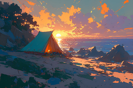 夕阳下的沙滩帐篷图片