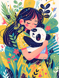 少女和熊猫的卡通插画图片