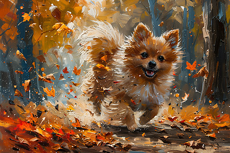 秋叶中追逐的博美犬图片