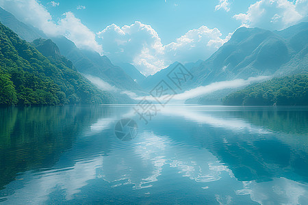 湖畔宁静山水倒映图片