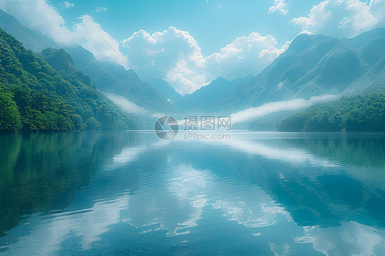 湖畔宁静山水倒映图片