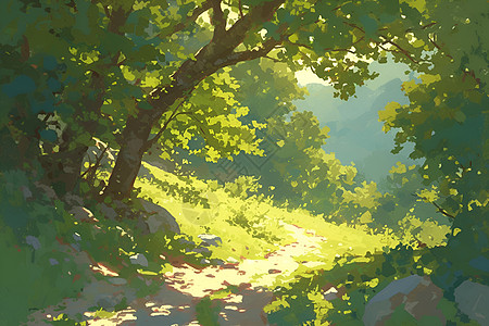 阳光草地阳光穿过树木撒在小路上插画