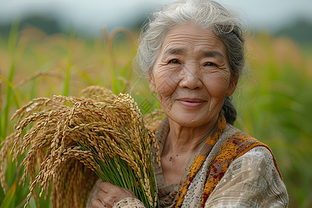 奶奶拿着稻穗微笑着图片