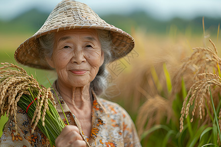 奶奶手持稻谷图片