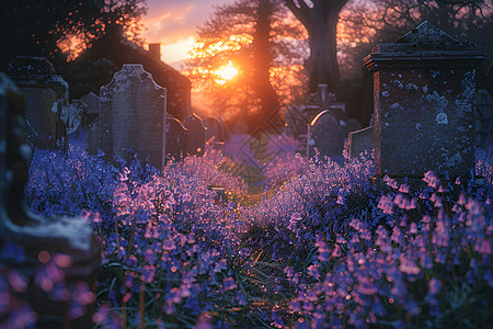 古老墓碑与蓝铃花相伴图片