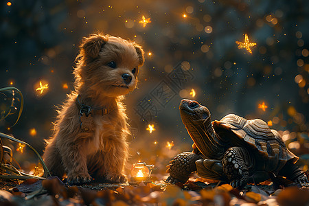 星光下博美犬与智慧的老乌龟图片