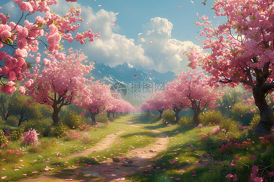 乡村盛开的樱花树图片
