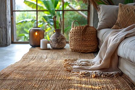 暖色系麻绳地毯和沙发图片