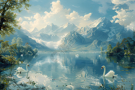 山脉下湖里的景色图片