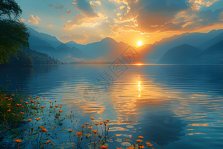 湖光山色日落之美图片