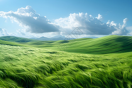 山谷中的绿色麦田图片