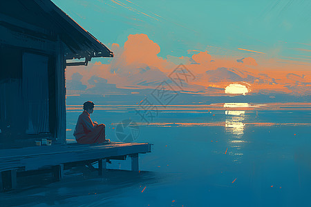 一人静坐在海边图片