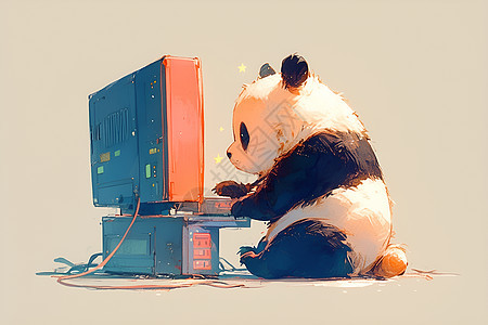电视前的熊猫图片