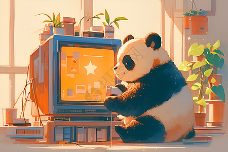 卡通熊猫看电视图片