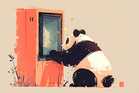 可爱熊猫摆弄电视图片