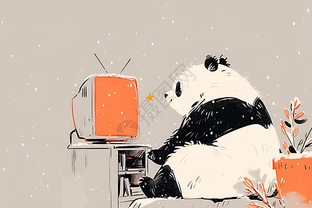 认真看电视的熊猫图片