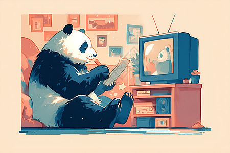 熊猫看着柜子上的电视图片