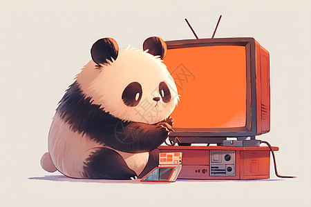 熊猫坐在客厅里看电视图片