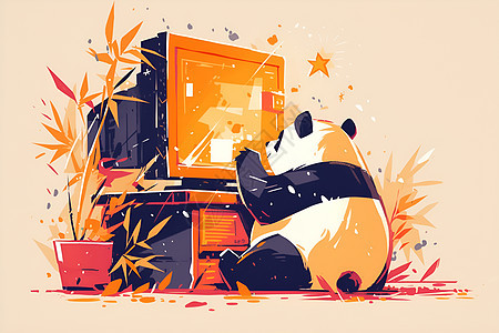 可爱熊猫坐在花丛里看电视图片