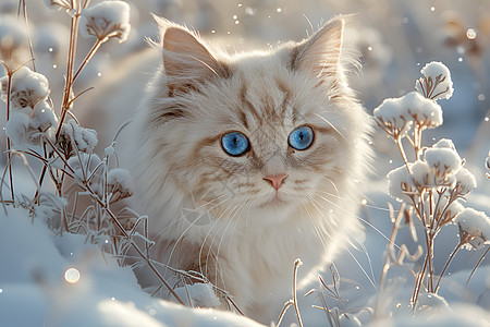 白色猫咪在雪地中图片