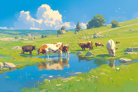 和谐共存的牛群图片