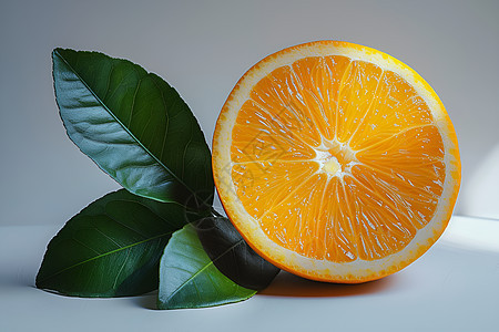 一半橙子和绿叶图片