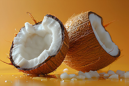 橙色背景中的半个椰子图片