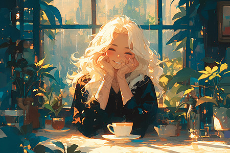 坐在咖啡馆里的银发女子图片