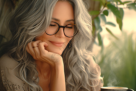 戴着眼镜的银发女子喝咖啡图片