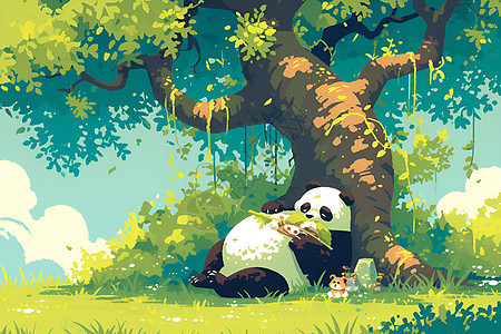 沉睡在树荫下的卡通熊猫图片