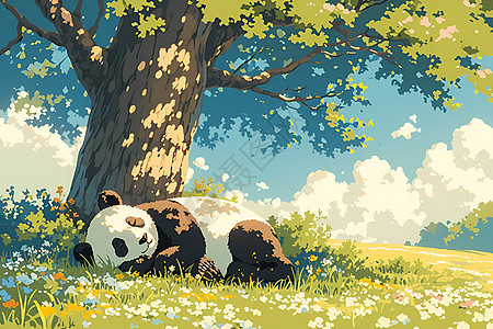 熊猫睡在花草丛中图片