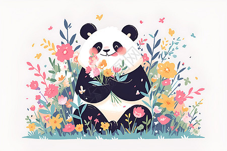 欢乐花丛中的熊猫图片