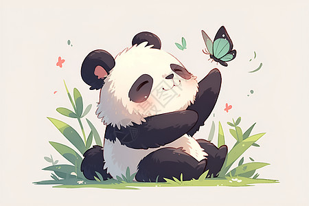 熊猫与彩蝶嬉戏图片