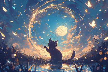 星空下的猫咪图片