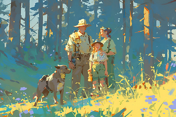 森林探险的一家人图片