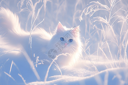 白色波斯猫在雪地中图片